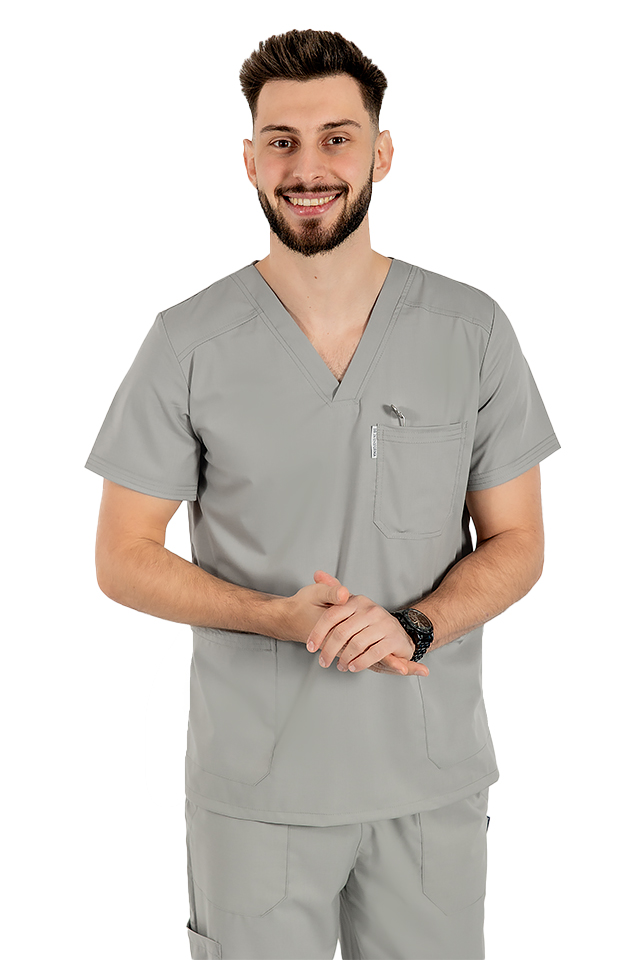 Costum medical stretch barbati gri cu bluza in V si pantaloni cu snur si elastic