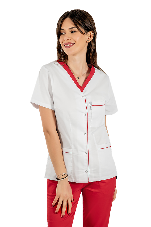 Halat medical cu elastan alb cu paspol rosu, capse si trei buzunare aplicate Halat medical cu elastan alb cu paspol rosu, capse si trei buzunare aplicate