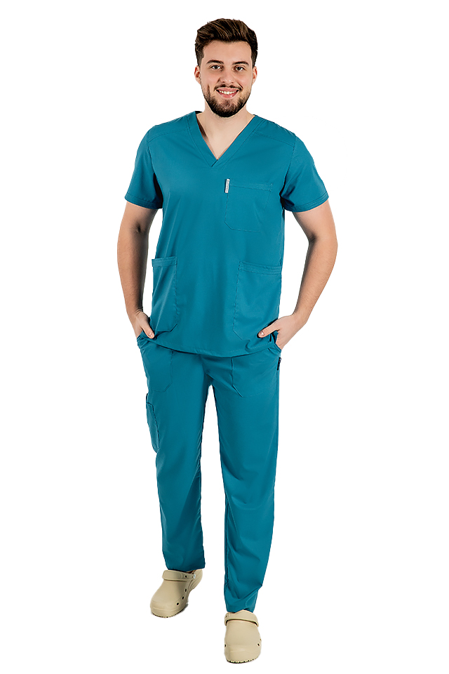 Costum medical stretch barbati aqua cu bluza in V si pantaloni cu snur si elastic