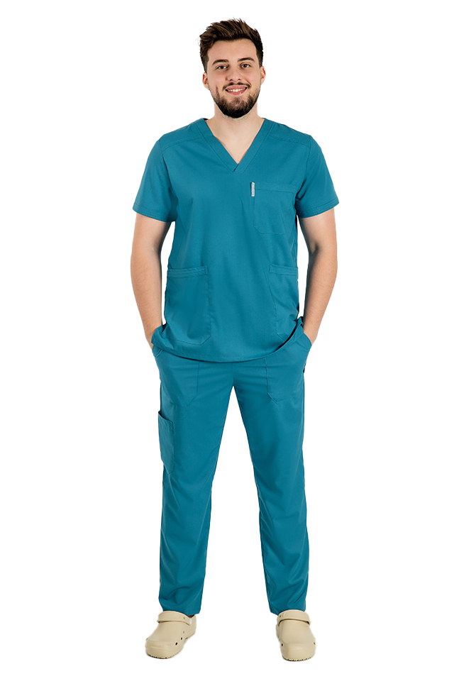 Costum medical stretch barbati aqua cu bluza in V si pantaloni cu snur si elastic