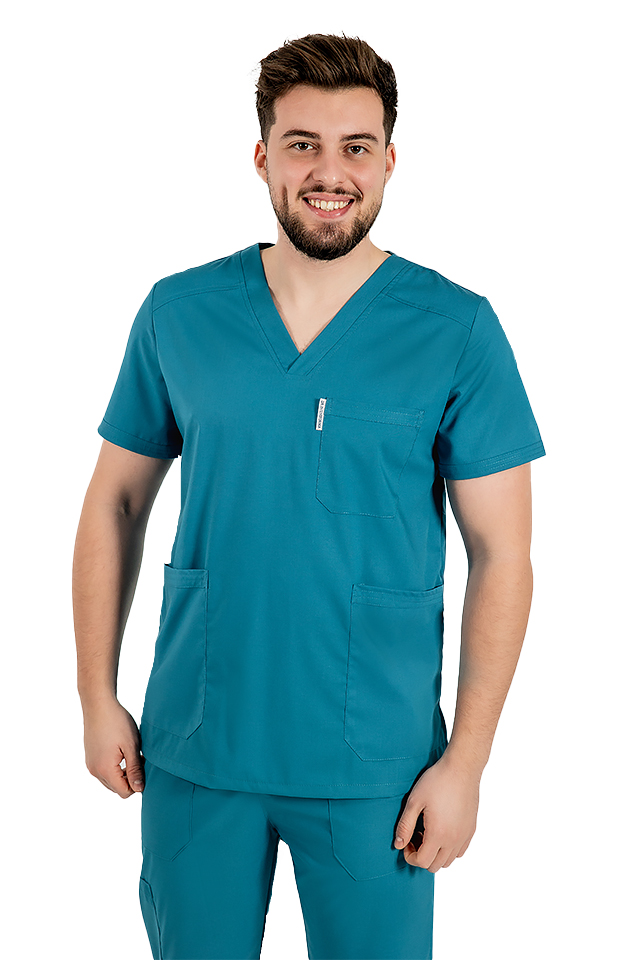 Costum medical stretch barbati aqua cu bluza in V si pantaloni cu snur si elastic
