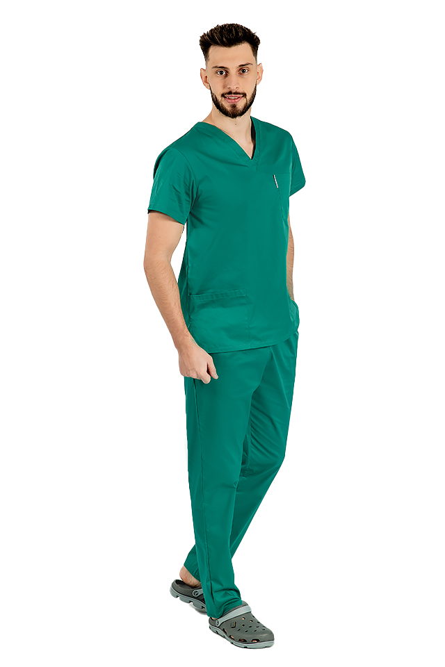 Halat medical verde unisex cu anchior in forma V cu trei buzunare