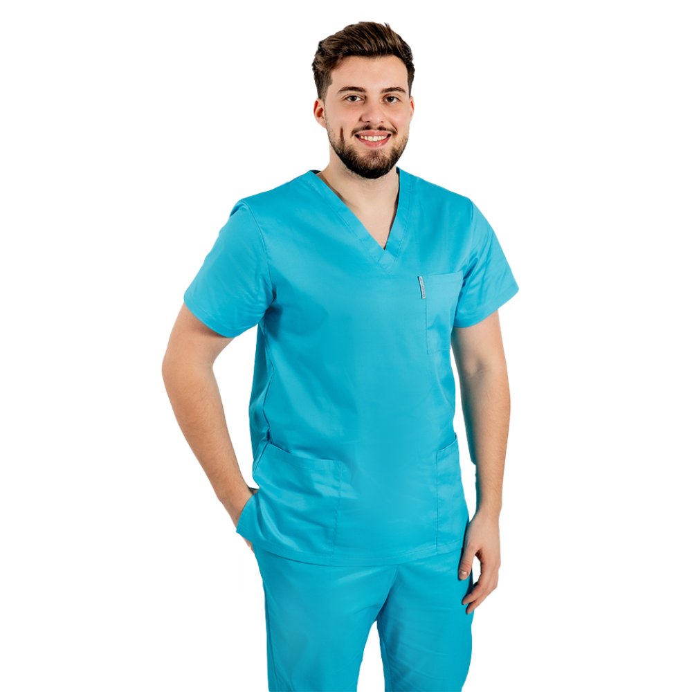 Costum medical barbati cu elastan culoare turcoaz
