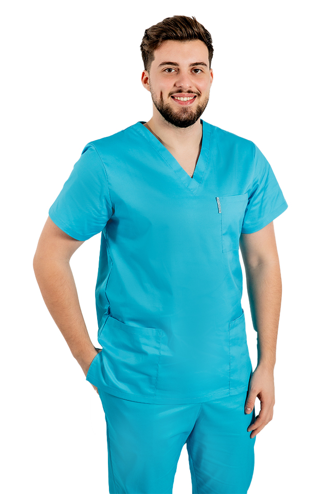 Halat medical turcoaz cu elastan,barbati, cu anchior in forma V cu trei buzunare aplicate