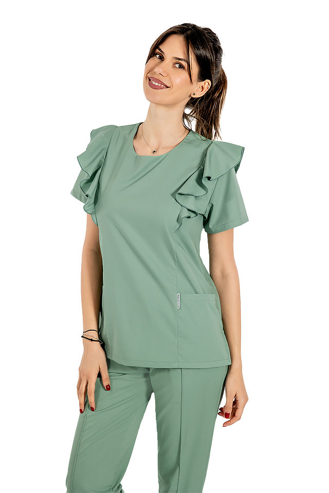 Costum medical stretch Cristina, culoare olive, bluza cu volane si pantaloni cu snur si elastic