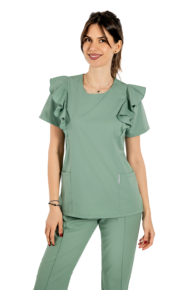 Costum medical stretch Cristina, culoare olive, bluza cu volane si pantaloni cu snur si elastic