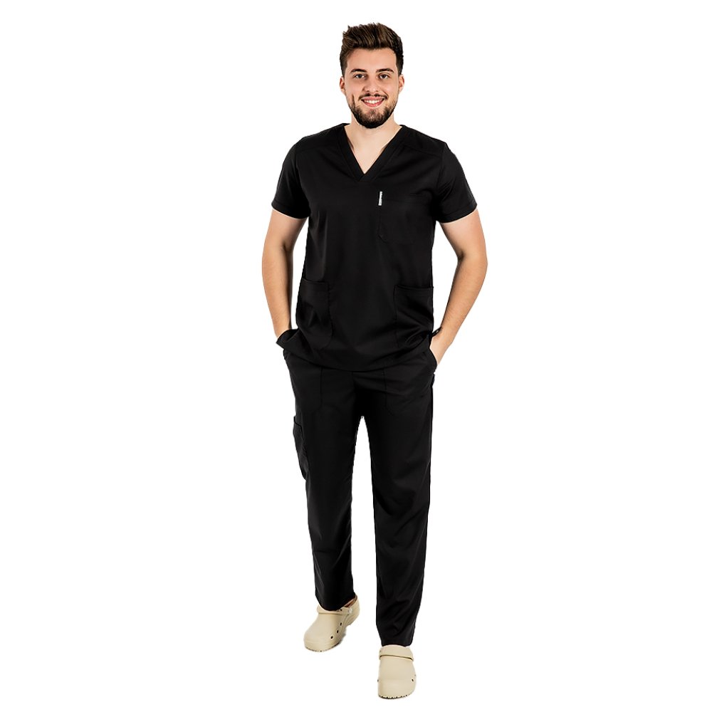 Costum medical stretch barbati negru cu bluza in V si pantaloni cu snur si elastic