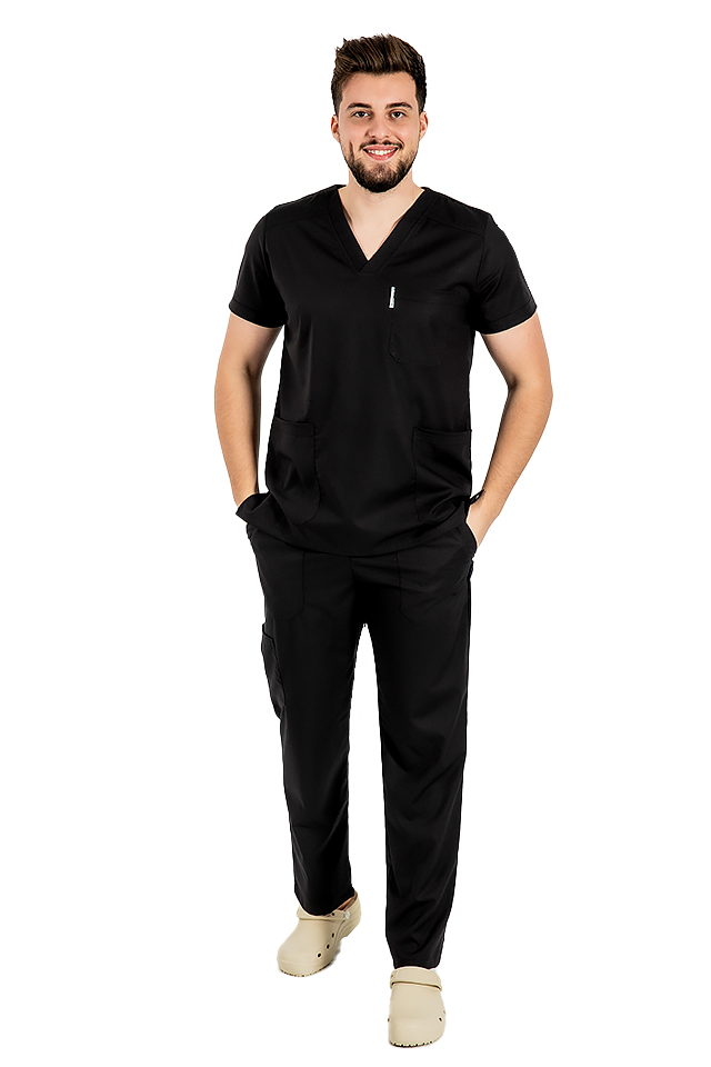 Costum medical stretch barbati negru cu bluza in V si pantaloni cu snur si elastic