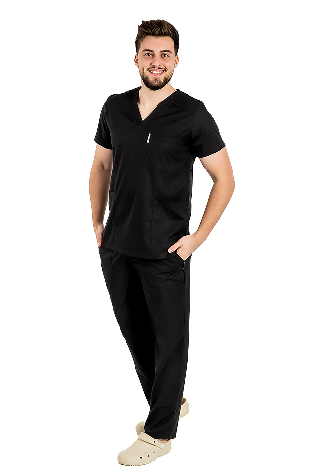 Costum medical stretch barbati negru cu bluza in V si pantaloni cu snur si elastic