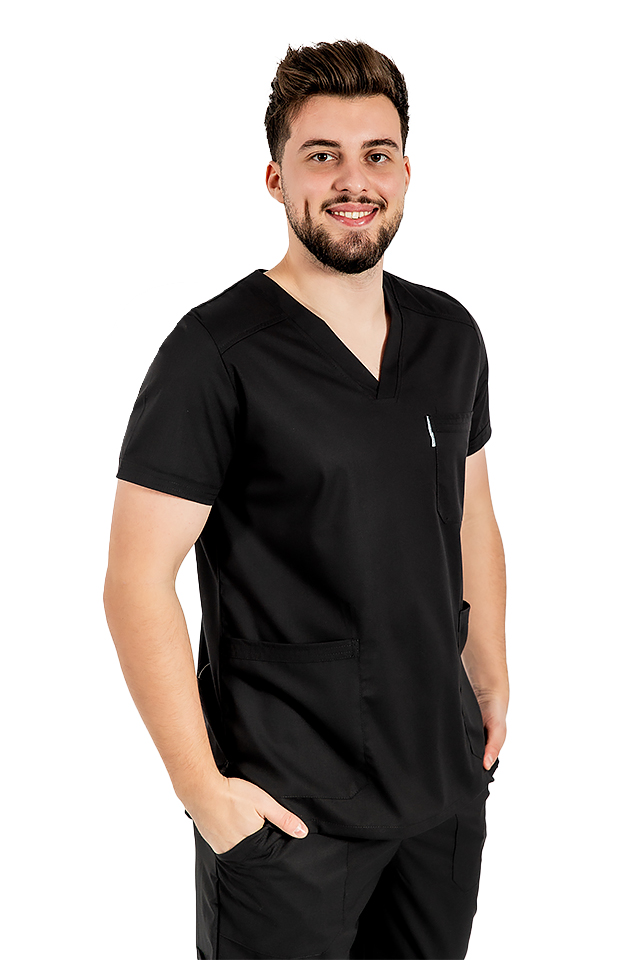 Costum medical stretch barbati negru cu bluza in V si pantaloni cu snur si elastic