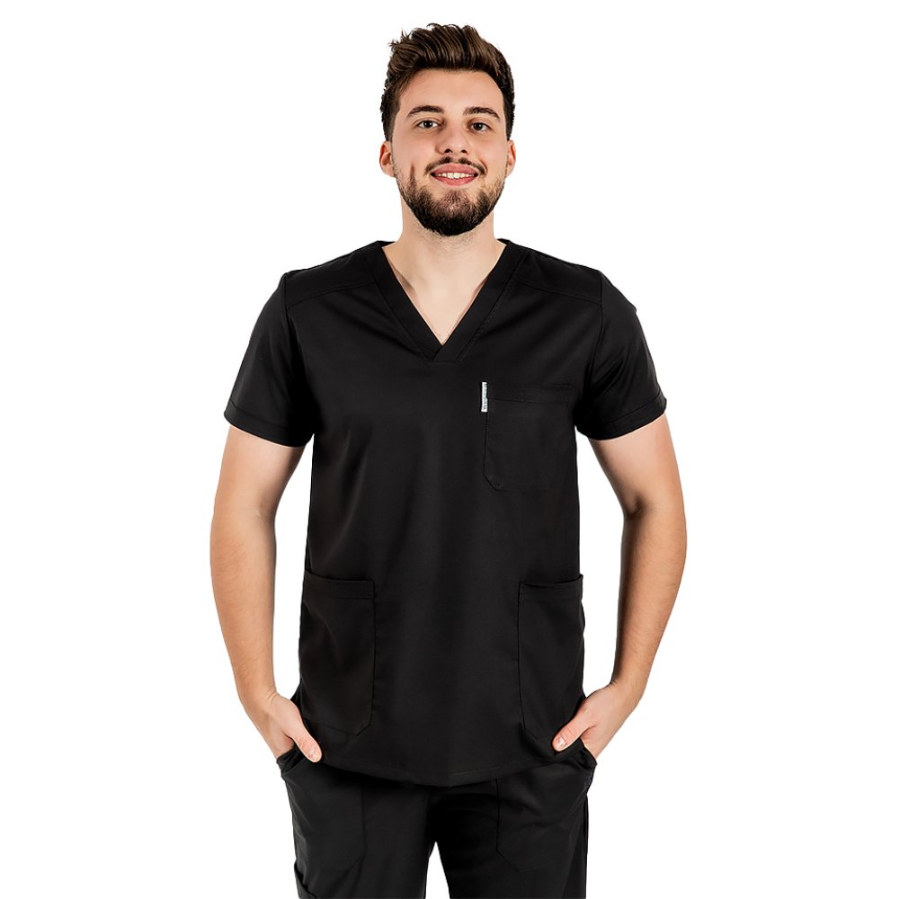 Costum medical stretch barbati negru cu bluza in V si pantaloni cu snur si elastic