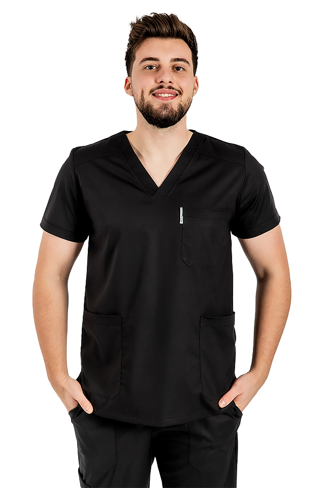 Costum medical stretch barbati negru cu bluza in V si pantaloni cu snur si elastic