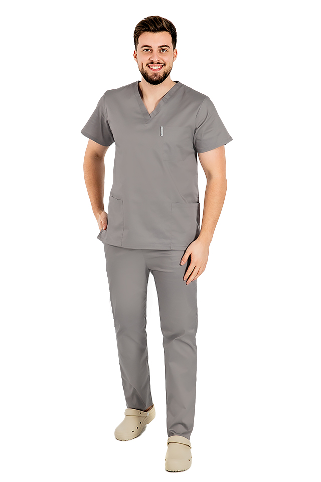 Costum medical gri cu elastan, barbati, bluza cu anchior in forma V si pantaloni cu snur