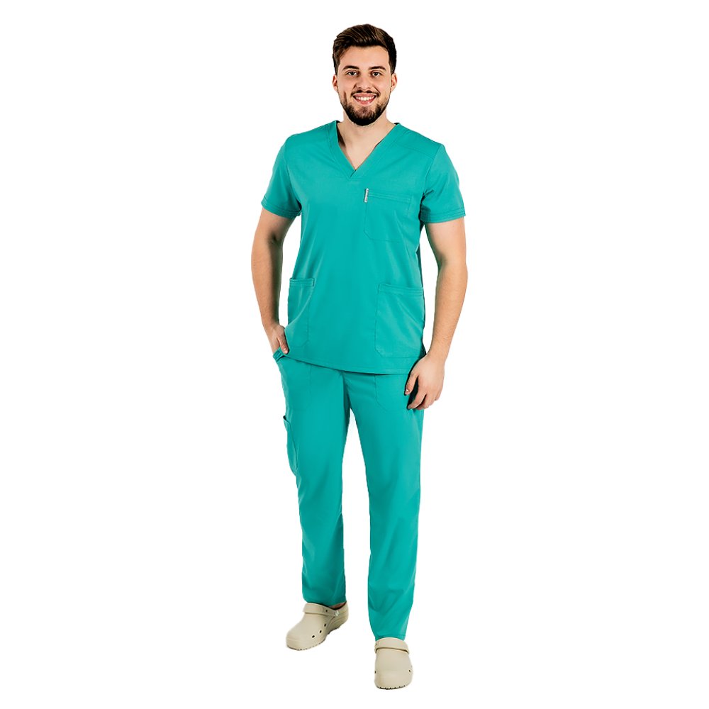 Costum medical stretch barbati verde turcoaz cu bluza in V si pantaloni cu snur si elastic
