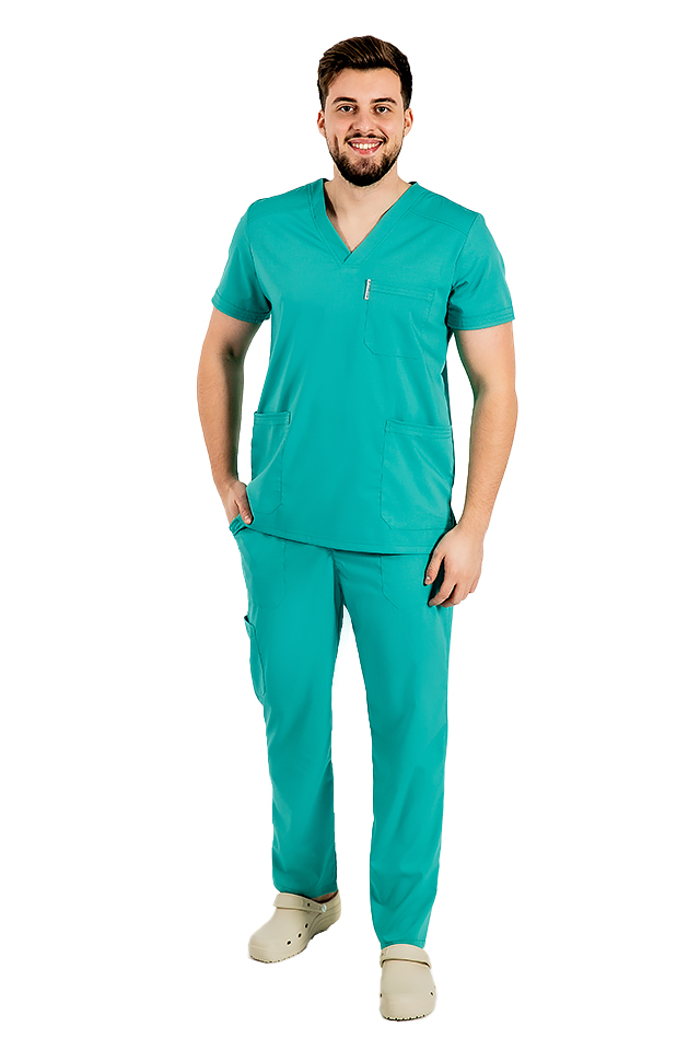 Costum medical stretch barbati verde turcoaz cu bluza in V si pantaloni cu snur si elastic..