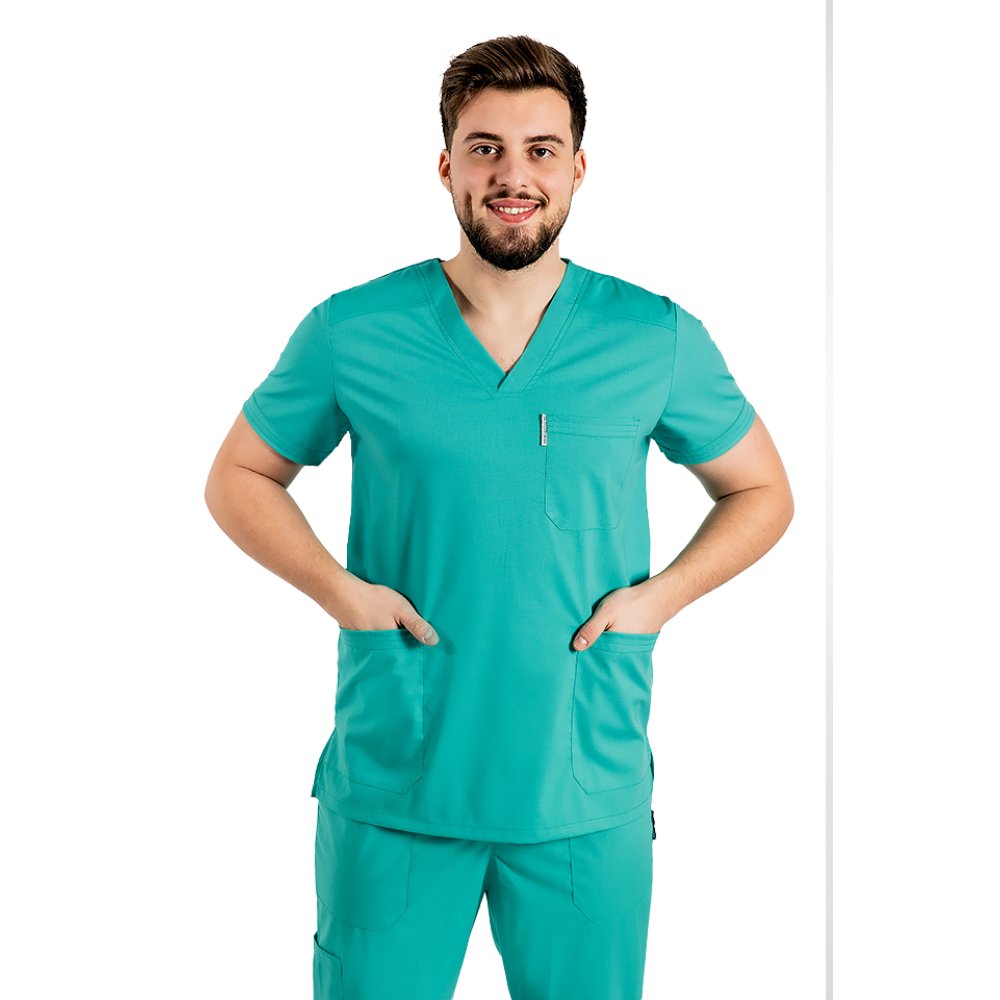 Costum medical stretch barbati verde turcoaz cu bluza in V si pantaloni cu snur si elastic