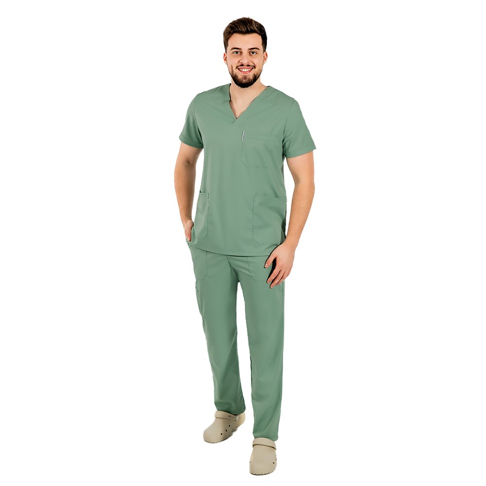 Costum medical stretch barbati olive cu bluza in V si pantaloni cu snur si elastic