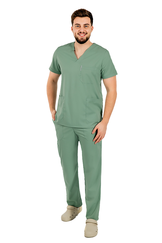 Costum medical stretch barbati olive cu bluza in V si pantaloni cu snur si elastic