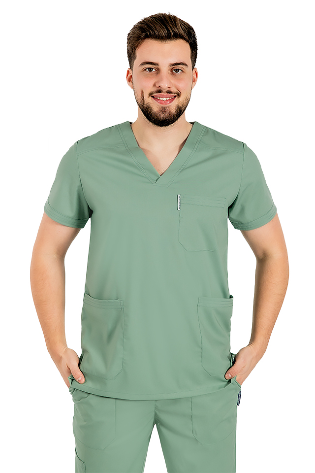 Costum medical stretch barbati olive cu bluza in V si pantaloni cu snur si elastic