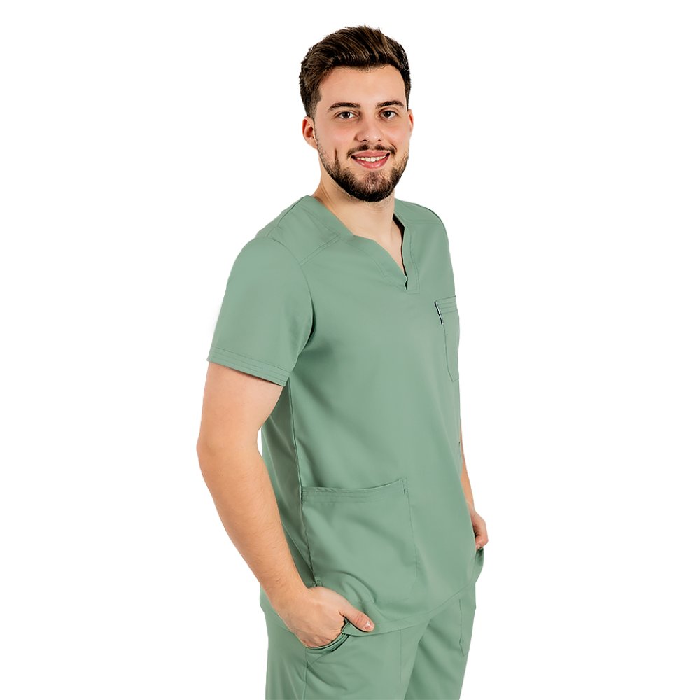 Costum medical stretch barbati olive cu bluza in V si pantaloni cu snur si elastic