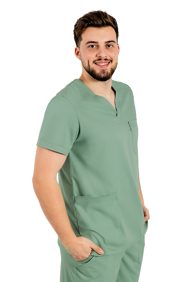 Costum medical stretch barbati olive cu bluza in V si pantaloni cu snur si elastic