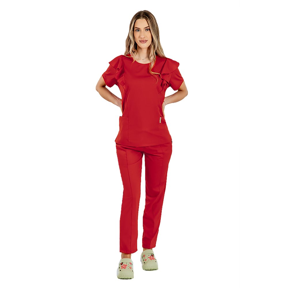 Costum medical stretch Cristina, culoare rosu, bluza cu volane si pantaloni cu snur si elastic