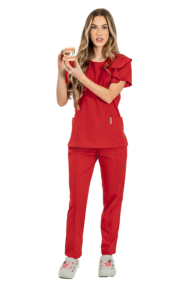 Costum medical stretch Cristina, culoare rosu, bluza cu volane si pantaloni cu snur si elastic
