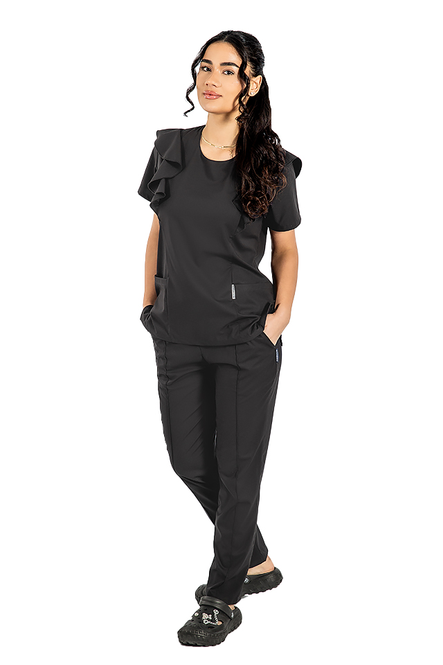 Costum medical stretch Cristina, culoare negru, bluza cu volane si pantaloni cu snur si elastic