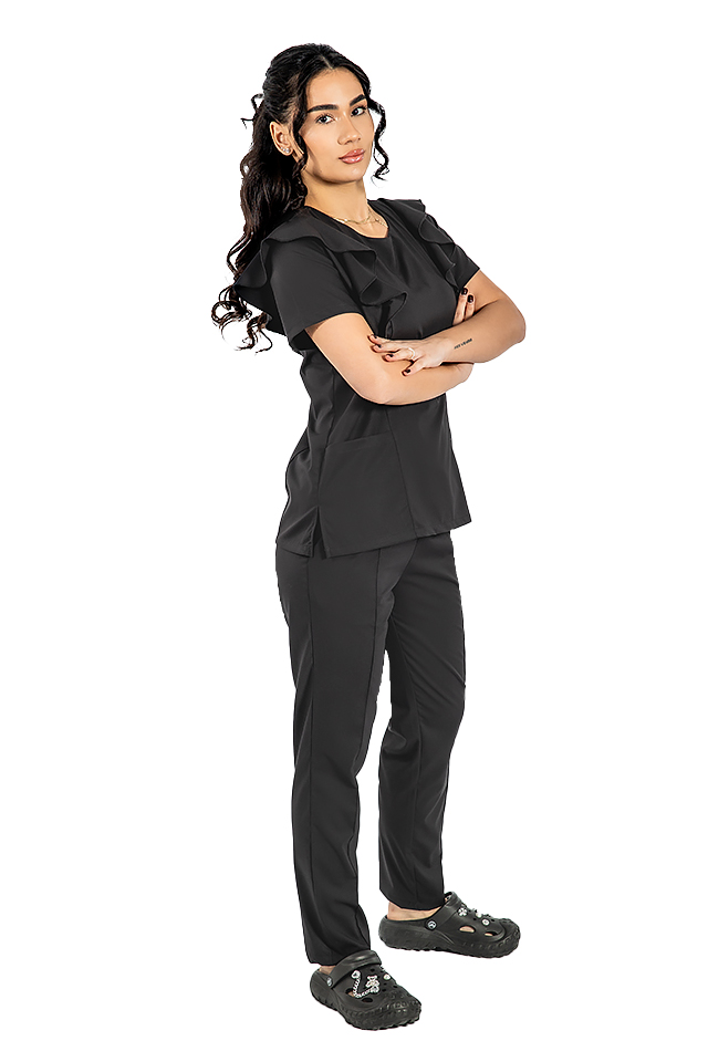 Costum medical stretch Cristina, culoare negru, bluza cu volane si pantaloni cu snur si elastic