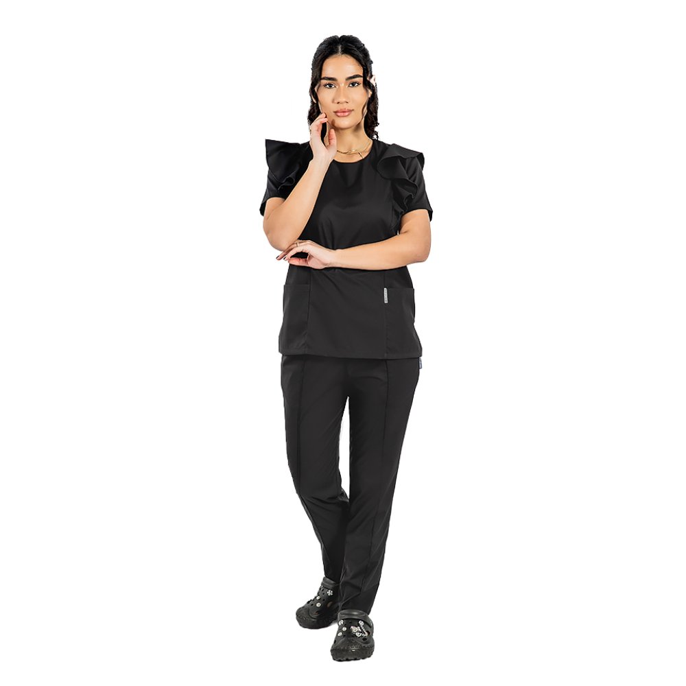 Costum medical stretch Cristina, culoare negru, bluza cu volane si pantaloni cu snur si elastic