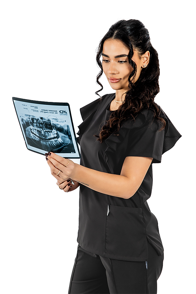 Costum medical stretch Cristina, culoare negru, bluza cu volane si pantaloni cu snur si elastic