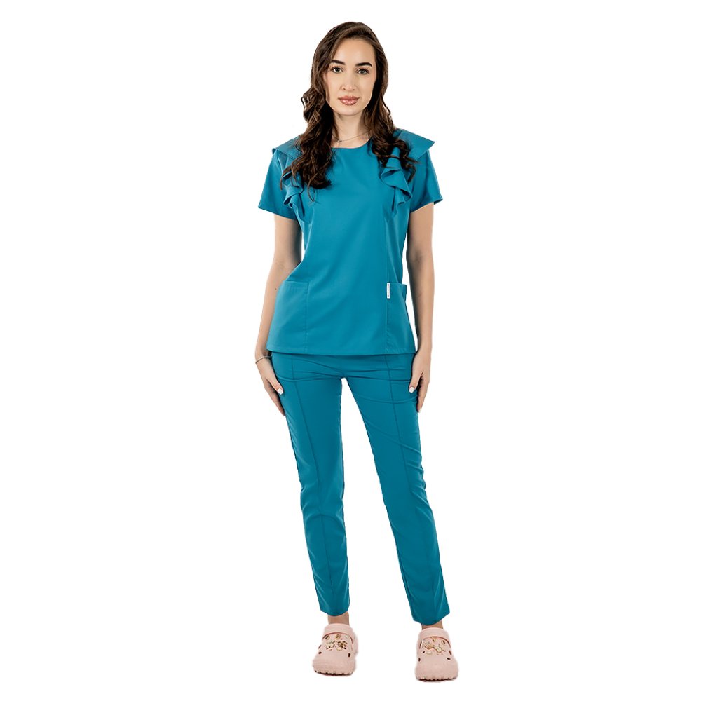 Costum medical stretch Cristina, culoare aqua, bluza cu volane si pantaloni cu snur si elastic