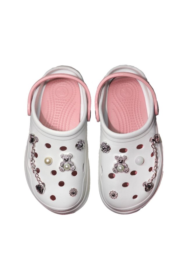 Saboti medicali alb cu roz pentru femei - Clogs cu detalii aplicate