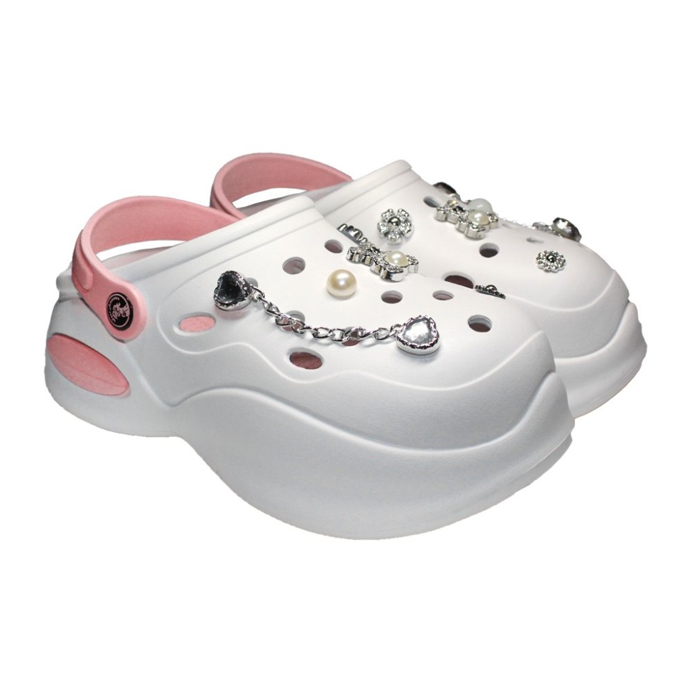 Saboti medicali alb cu roz pentru femei - Clogs cu detalii aplicate