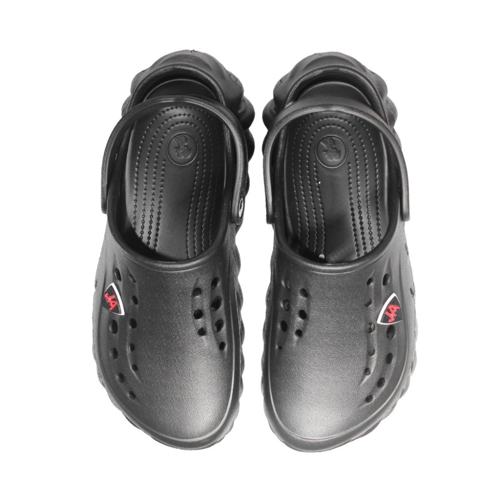 Saboti medicali profesionali tip crocs negri din spuma EVA - model barbati, cu detalii aplicate