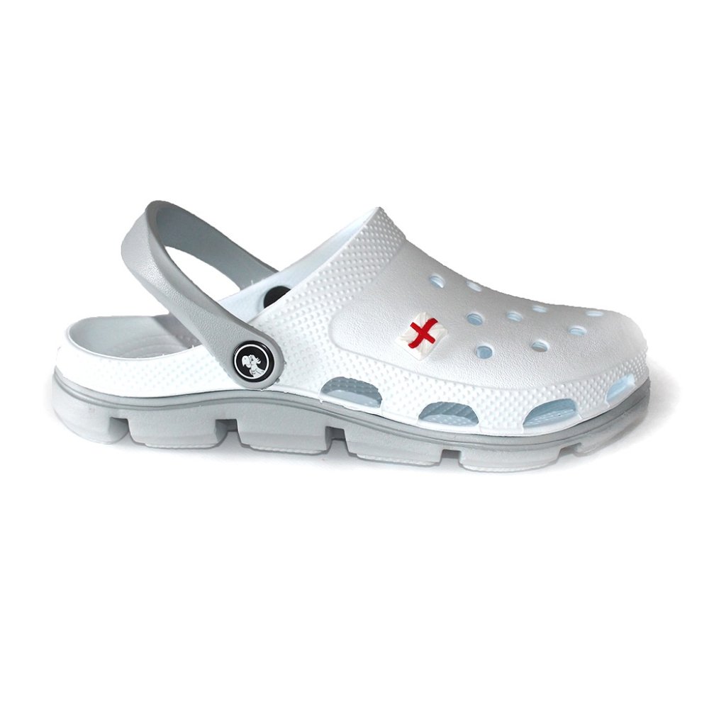 Saboti medicali profesionali albi cu gri din spuma EVA - model unisex, cu detalii aplicate