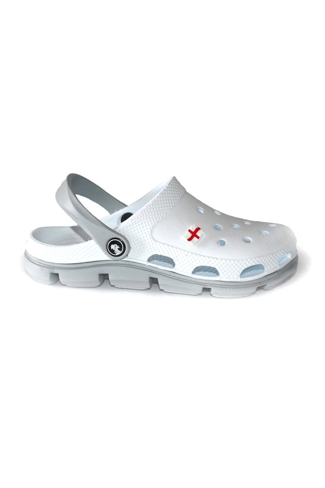 Saboti medicali profesionali albi cu gri din spuma EVA - model unisex, cu detalii aplicate