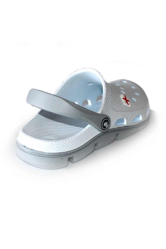 Saboti medicali profesionali albi cu gri din spuma EVA - model unisex, cu detalii aplicate