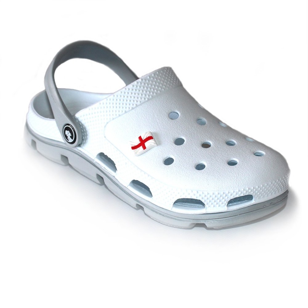 Saboti medicali profesionali albi cu gri din spuma EVA - model unisex, cu detalii aplicate