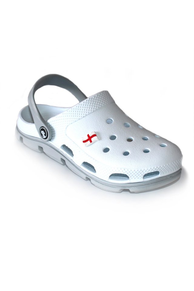 Saboti medicali profesionali albi cu gri din spuma EVA - model unisex, cu detalii aplicate