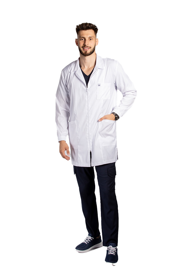 Halat medical alb de laborator,model barbatesc, cu guler, trei buzunare si maneca lunga