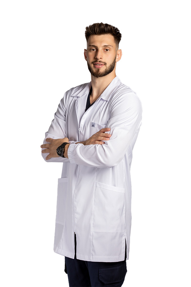 Halat medical alb de laborator,model barbatesc, cu guler, trei buzunare si maneca lunga