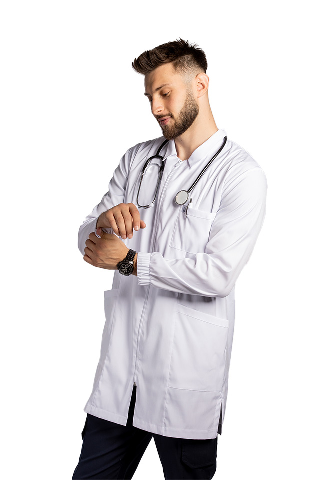Halat medical alb de laborator,model barbatesc, cu guler, trei buzunare si maneca lunga