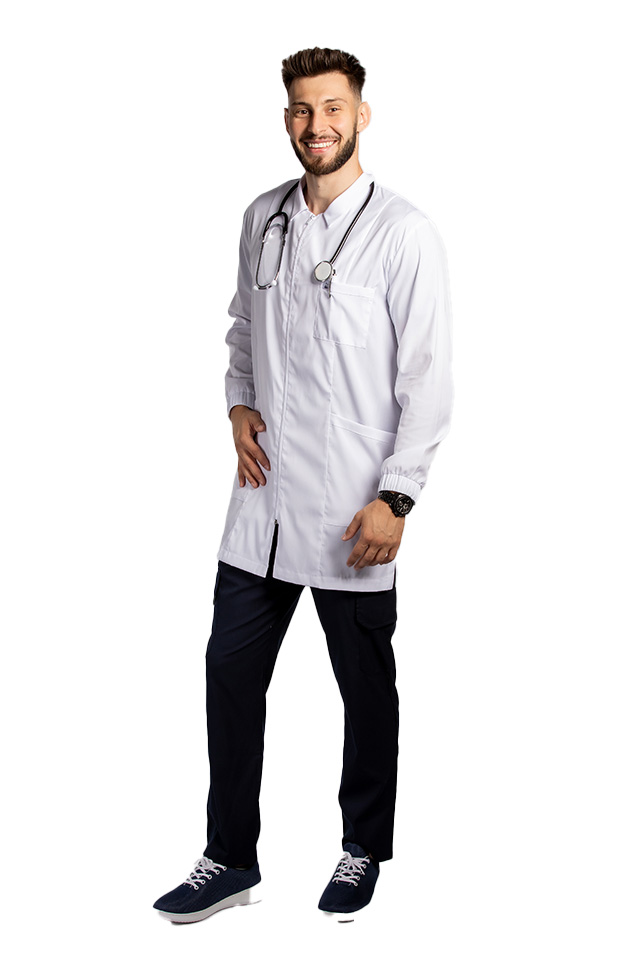 Halat medical alb de laborator,model barbatesc, cu guler, trei buzunare si maneca lunga