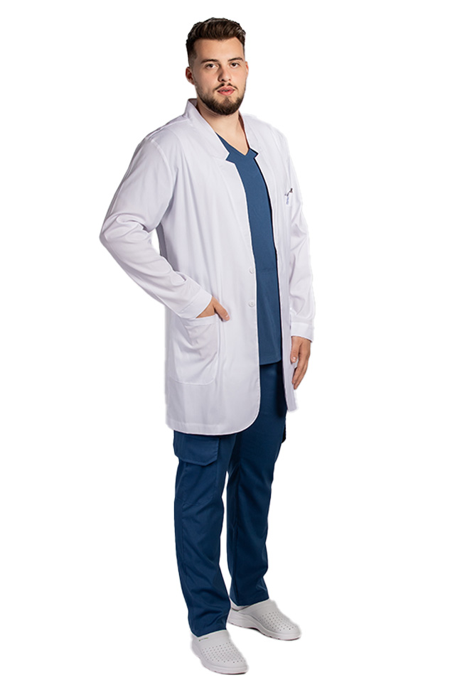 Halat medical alb tip sacou,model barbatesc, cu trei buzunare si maneca lunga