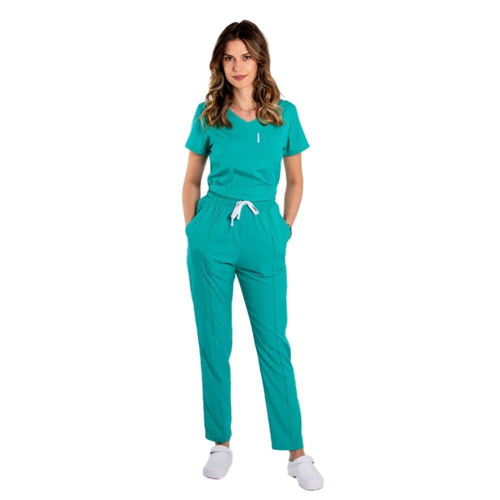 Pachet costum medical stretch verde cu saboti si halat polar verde, cadou Stetoscop Riester si boneta