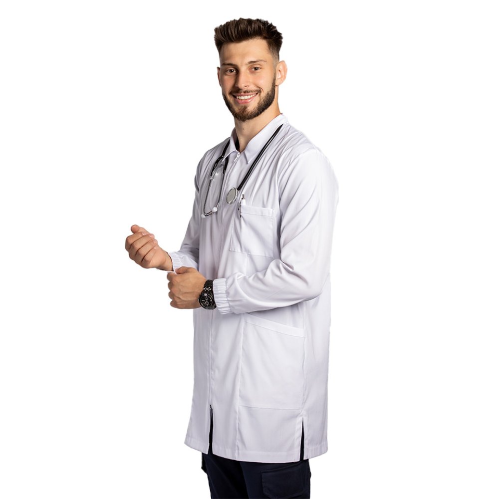 Halat medical alb de laborator,model barbatesc, cu guler, trei buzunare si maneca lunga