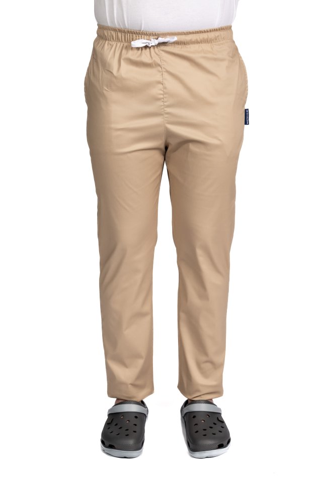 Pantaloni medicali crem cu elastan,barbati, cu snur in talie si doua buzunare laterale
