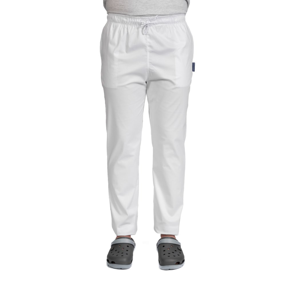 Pantaloni medicali albi cu elastan,barbati, cu snur in talie si doua buzunare laterale
