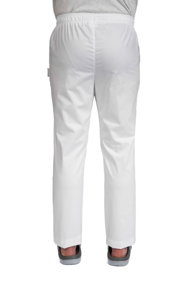 Pantaloni medicali albi cu elastan,barbati, cu snur in talie si doua buzunare laterale